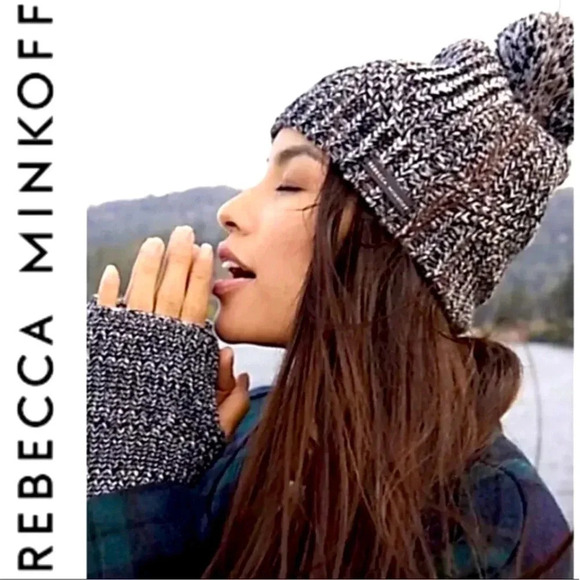 Rebecca Minkoff Marled Beanie & Armwear Set NWT Gray black white Cozy Warm - Picture 1 of 7